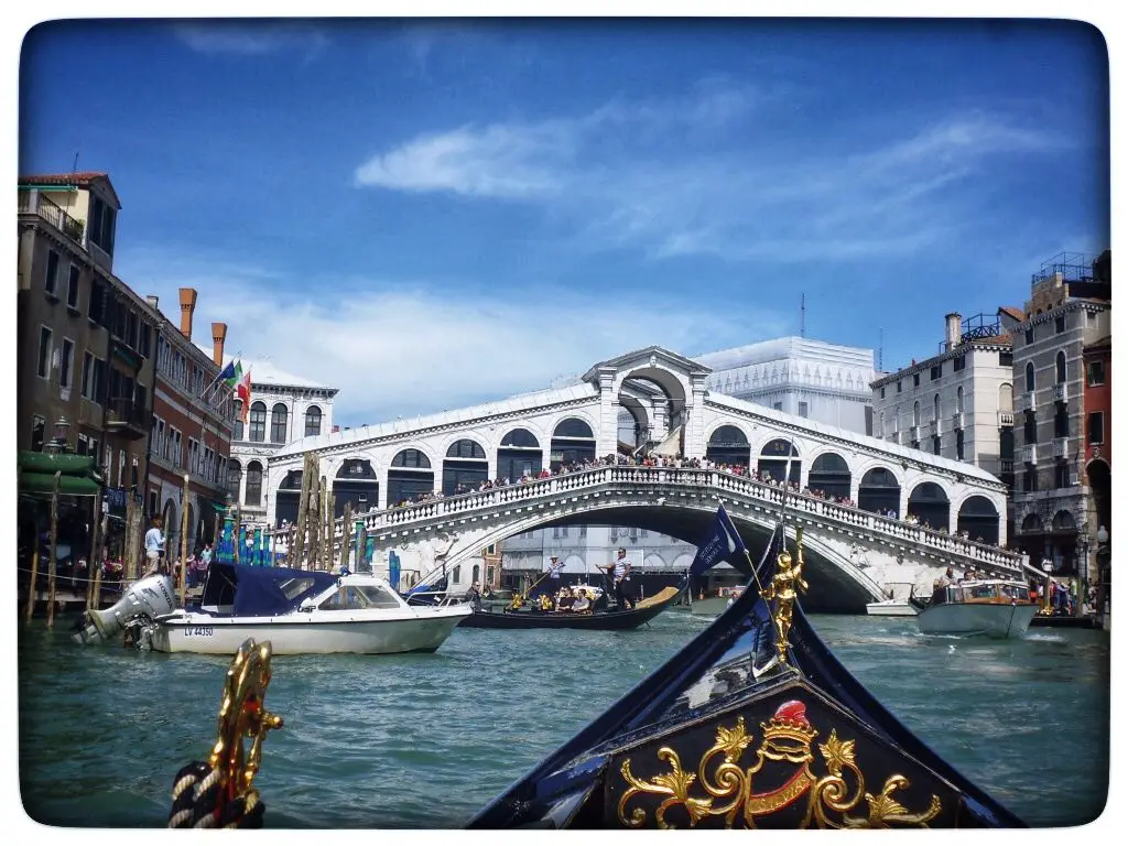 The Rialto Bridge from a Gondola- one of the best photo spots in Venice